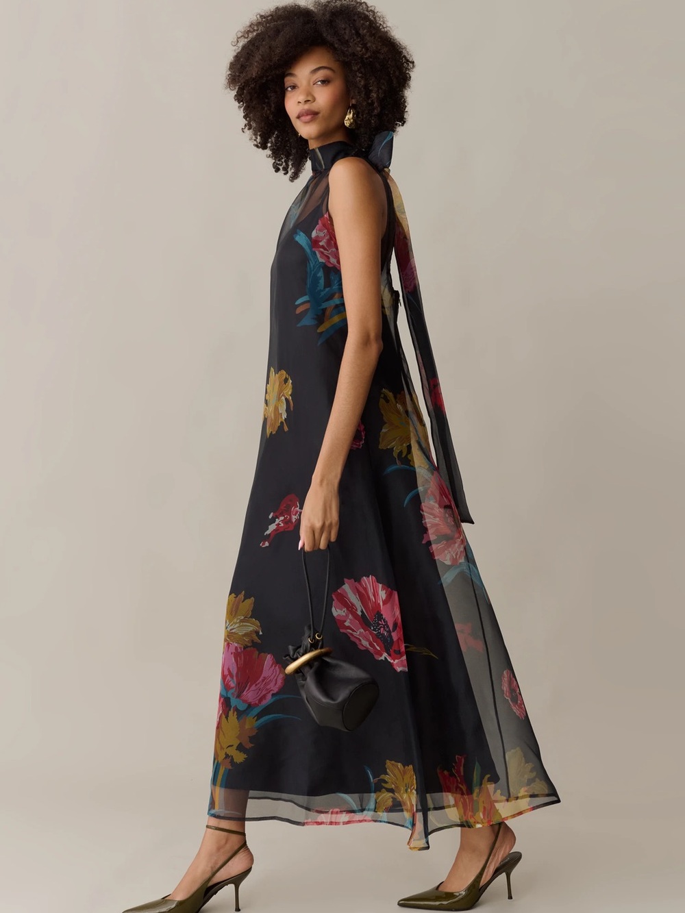 Caara Few Moda Alette Dress Sheer Floral Maxi Multicolor Tulip Blooms On Black - Picture 8 of 12